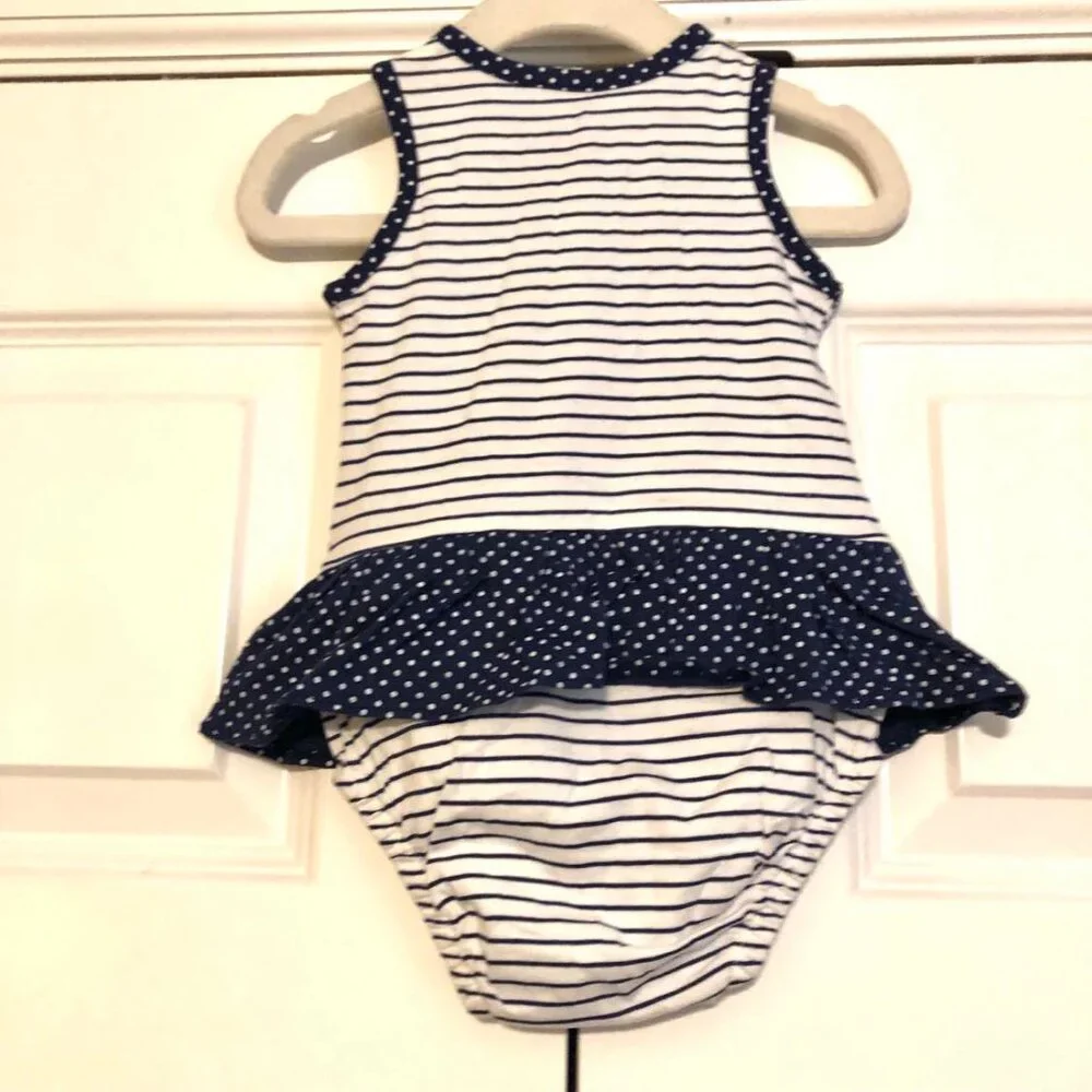 NWT CARTER'S 1-pc Stripe Henley Sunsuit w Polka-dot Ruffle Skirt Navy\White 6MO